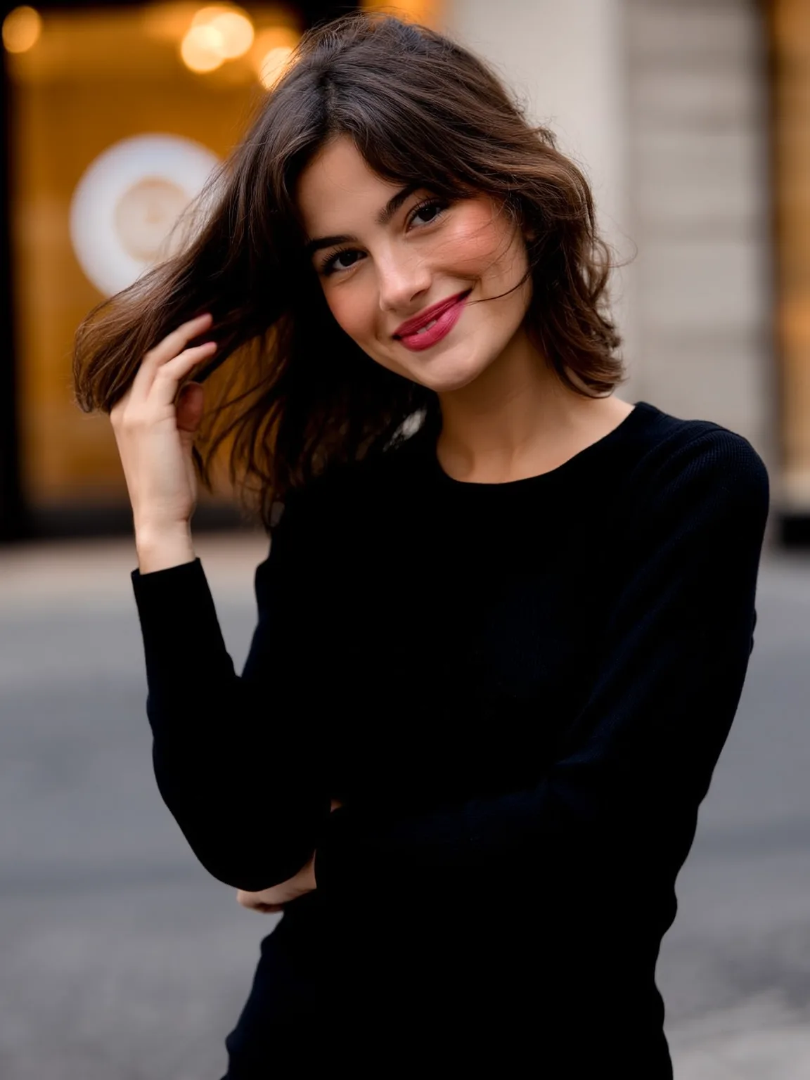 Chestnut Brown Wavy Bob with Side-Swept Bangs